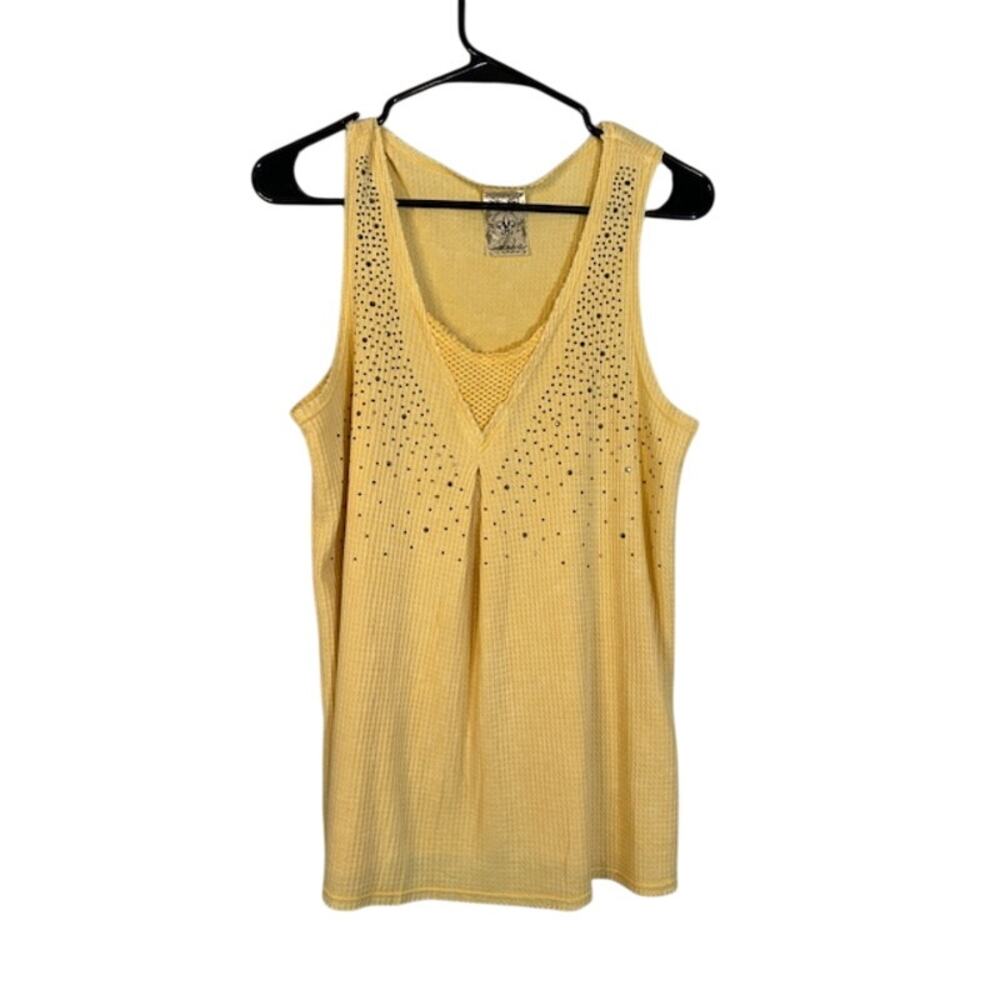 Vocal Yellow Jeweled Scoop Neck Waffle Knit Tank Top Women’s Sz S